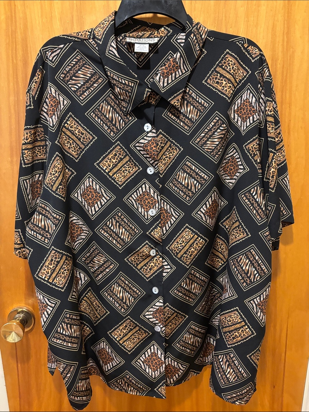 Notations Black Button-Down Shirt with Brown Animal & Geometric Panels